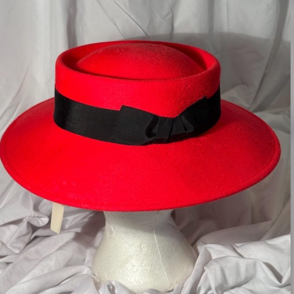 Halston Heritage Accessories - Vintage Halston Heritage Red Wide-Brim Fedora with Black Band